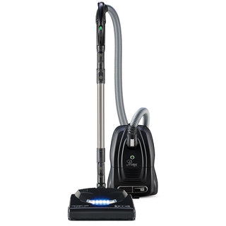 A black vacuum cleaner on a white background.