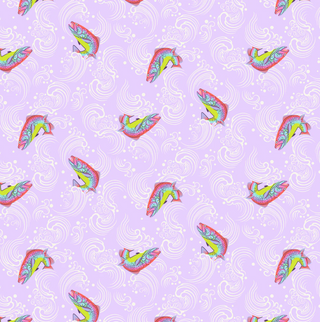 Seamless pattern of colorful, stylized fish with decorative details swimming among swirling white water designs on a light purple background.