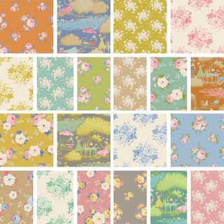 A collage of rectangular panels featuring various vintage floral patterns and scenic illustrations in soft pastel and muted colors.
