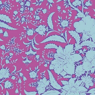 A grid of colorful fabric swatches featuring floral and nature-inspired patterns with people holding umbrellas; labeled "Bloomsville by Tilda Fabrics" at the bottom.