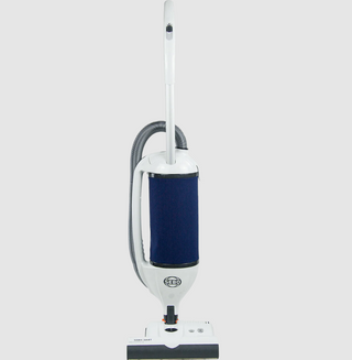 A white and blue vacuum cleaner on a white background.