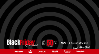 Black Friday sale banner for vacuums and sewing machines, offering up to 50% off from Nov 18 to Dec 2. Brands include Miele, Dyson, Oreck, Pfaff, Husqvarna Viking, Baby Lock.