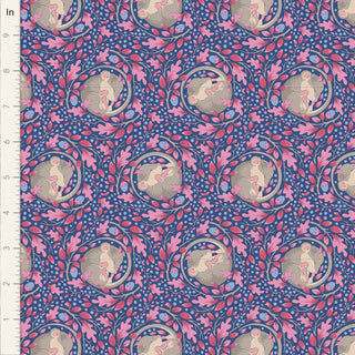Tilda Hibernation SLUMBERMOUSE DENIM TIL100521 by Fabric by Tilda features a repeating autumn pattern of a person under a tree with pink and purple foliage, inch ruler for scale. Ideal for vintage cotton and Arts and Crafts fabric projects.