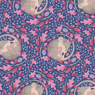 Tilda Hibernation SLUMBERMOUSE DENIM TIL100521 by Fabric by Tilda: features sleeping mice nestled among pink and red leaves with a blue dotted background, inspired by vintage cotton fabric and autumn motifs.