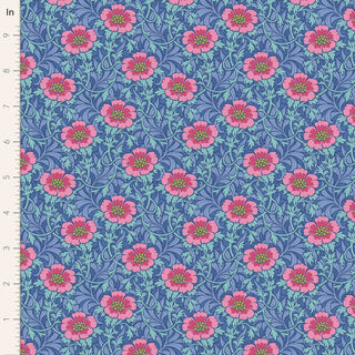 Tilda Hibernation WINTERROSE BLUE TIL100522 Fabric by Tilda features a repeating floral pattern with pink and red flowers, green leaves, and a blue background, shown beside a ruler in inches for scale.
