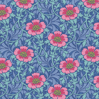 Tilda Hibernation WINTERROSE BLUE TIL100522 Fabric by Tilda features a seamless vintage-inspired pattern of pink and red flowers with yellow centers and green leaves on a blue, leafy background.