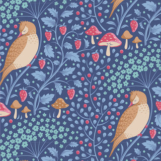 Tilda Hibernation SLEEPYBIRD DENIM TIL100523 Fabric by Tilda features brown birds, red strawberries, mushrooms, and leafy plants on blue—perfect vintage cotton fabric with charming autumn nature motifs.