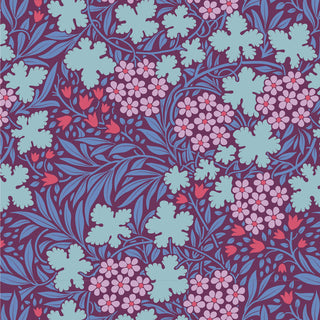 The Tilda Hibernation AUTUMNBLOOM EGGPLANT TIL100524 Fabric by Tilda features a seamless Arts and Crafts-inspired floral pattern with light blue and pink flowers, red buds, and dark purple leaves on a maroon background.