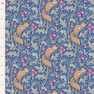 Tilda Hibernation SQUIRELDREAM BLUE TIL100525 by Fabric by Tilda features brown squirrels and pink acorns on blue-gray branches, shown with a ruler for scale—ideal for autumn motifs and Arts and Crafts projects.