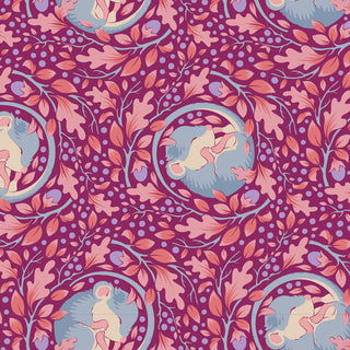 Tilda Hibernation SLUMBERMOUSE PLUM TIL100526 Fabric by Tilda features abstract pink and blue figures, oak leaves, and branches on a purple background—ideal for vintage-style autumn cotton fabric projects.