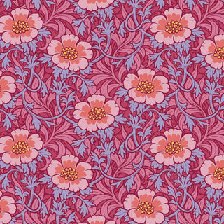 Tilda Hibernation WINTERROSE HIBISCUS TIL100527 Fabric by Tilda features large pink and orange flowers with purple leaves on a magenta background—ideal for vintage projects or premium cotton arts and crafts.