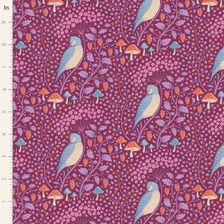 Tilda Hibernation SLEEPYBIRD MULBERRY TIL100528 Fabric by Tilda features blue birds, red mushrooms, and pink flowers on purple with an inch ruler for scale—ideal for vintage cotton fabric fans inspired by autumn nature.