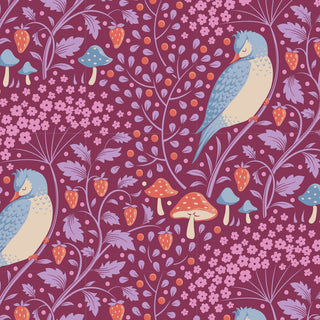 Tilda Hibernation SLEEPYBIRD MULBERRY TIL100528 by Fabric by Tilda: Vintage cotton fabric with blue birds, red and blue mushrooms, strawberries, leaves, and flowers on a purple background—ideal for autumn-inspired projects.