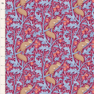 Tilda Hibernation SQUIRELDREAM HIBISCUS TIL100530 Fabric by Tilda features vintage-inspired squirrels on branches with pink, purple, and blue leaves and flowers. Includes a vertical ruler on the left for scale. Ideal for autumn-themed projects.