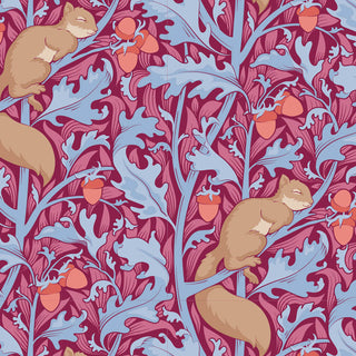 Tilda Hibernation SQUIRELDREAM HIBISCUS TIL100530 by Fabric by Tilda features sleeping squirrels on branches with blue leaves and acorns against a pink background—perfect for vintage cotton or Arts and Crafts fabric projects.