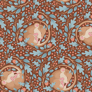 Tilda Hibernation SLUMBERMOUSE HAZEL TIL100531 Fabric by Tilda features sleeping mice in circular nests with blue-brown leaves and pinkish dots on brown—ideal for vintage or premium cotton fabric projects.