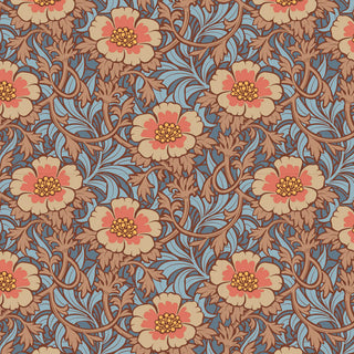 Tilda Hibernation WINTERROSE HAZEL TIL100532 by Fabric by Tilda features a seamless blue background with vintage-inspired large cream and orange flowers, brown leaves, and vines.