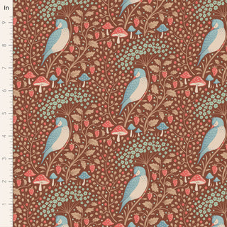 Tilda Hibernation SLEEPYBIRD PECAN TIL100533 by Fabric by Tilda features a seamless pattern of blue birds, mushrooms, strawberries, and leaves on brown—ideal for arts and crafts. Includes inch ruler for scale. Sold by the yard.