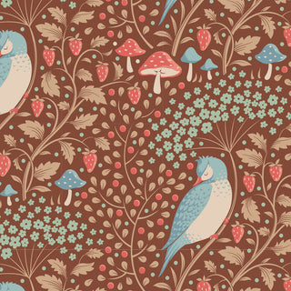 Tilda Hibernation SLEEPYBIRD PECAN TIL100533 by Fabric by Tilda features a seamless vintage pattern of blue birds, strawberries, flowers, and mushrooms with leafy vines on brown—ideal autumn motif cotton fabric.