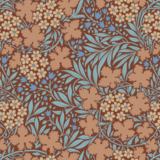Tilda Hibernation AUTUMNBLOOM HAZEL TIL100534 Fabric by Tilda features a seamless vintage-inspired pattern with beige flowers, light blue leaves, and a brown background—perfect for adding autumnal charm to your projects.