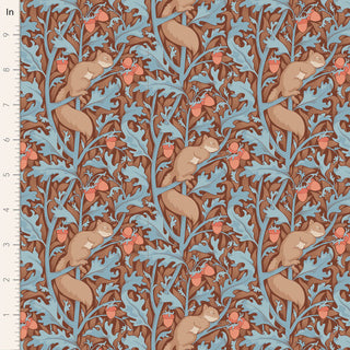 The Tilda Hibernation SQUIRELDREAM HAZEL TIL100535 fabric by Tilda features squirrels climbing branches with blue leaves and red acorns—a premium cotton, ideal for vintage-inspired Arts and Crafts projects. Yardage marked in inches.