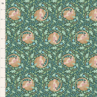 Tilda Hibernation SLUMBERMOUSE LAFAYETTE TIL100536 by Fabric by Tilda showcases repeated circular motifs of a reclining nude with green leaves and an inch ruler on the edge—ideal for adding autumn/nature accents to your next project.