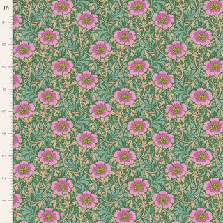Tilda Hibernation WINTERROSE SAGE TIL100537 by Fabric by Tilda features pink flowers, green leaves, and beige vines on a green background with a ruler in inches—ideal vintage cotton fabric for autumn nature motif lovers.