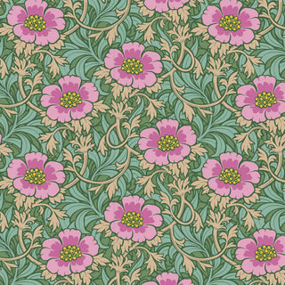 The Tilda Hibernation WINTERROSE SAGE TIL100537 Fabric by Tilda features pink flowers with yellow centers and green leaves on a leafy vine, evoking Arts and Crafts-era autumn motifs.