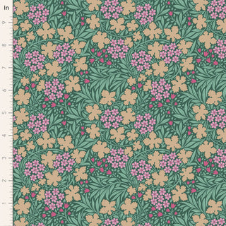 Tilda Hibernation AUTUMNBLOOM SAGE TIL100539 by Fabric by Tilda features beige, pink, and red floral cotton with green leaves; a ruler in inches shows scale—ideal for vintage fabric fans.