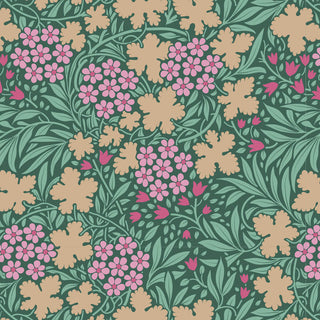 Tilda Hibernation AUTUMNBLOOM SAGE TIL100539 by Fabric by Tilda features a seamless floral pattern with pink and beige flowers, green leaves, and stems on sage—ideal for vintage fabric and Arts & Crafts fans.