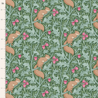 Tilda Hibernation SQUIRELDREAM SAGE TIL100540 Fabric by Tilda features brown squirrels with pink acorns among green leaves and a vertical inch ruler—ideal autumn nature fabric for arts and crafts.