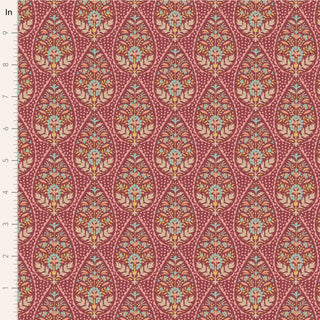 Tilda Sanctuary ADINA MAROON TIL100561 by Fabric by Tilda: Red and beige quilting fabric with a floral teardrop pattern, shown with a vertical inch ruler on the left edge for measurements.