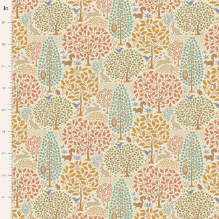 The Tilda Sanctuary WARM TIL100562 Fabric Yardage by Fabric by Tilda features multicolored trees, birds, squirrels, and rabbits on a cream background with a ruler for scale—perfect for quilting projects.