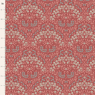 Tilda Sanctuary ADINA OCHRE TIL100566 by Fabric by Tilda features a repeating cream and teal floral pattern with green leaves on muted red cotton, shown with a vertical ruler. Premium fabric sold by the yard.