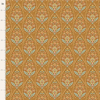 The Tilda Sanctuary ADINA OCHRE TIL100566 by Fabric by Tilda features a red, green, and blue floral and leaf print on brown premium cotton. Ruler along the edge shows inches—ideal quilting fabric from the Cozy Sanctuary Collection.