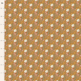 Tilda Sanctuary COTTONFIELD OCHRE TIL100569 Fabric by Tilda features a repeating floral pattern with pink and yellow flowers, green leaves on brown premium cotton, shown beside an inch ruler for scale.