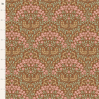 Tilda Sanctuary LARISSA CARAMEL TIL100570 by Fabric by Tilda: premium cotton fabric with pink and yellow flowers, green leaves on a brown background. Scale shown with vertical inch ruler; sold by the yard.