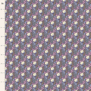Tilda Sanctuary COTTONFIELD EGGPLANT TIL100574 by Fabric by Tilda features premium cotton with a diagonal floral pattern in pink, purple, and yellow. Shown with an inch ruler. Sold by the yard from the Tone Finnanger collection.