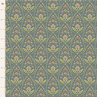 Tilda Sanctuary ADINA GREYGREEN TIL100576 by Fabric by Tilda features a floral pattern with green, pink, and yellow flowers in teardrops on blue—premium cotton fabric, ideal for quilting. Ruler on left shows scale in inches.