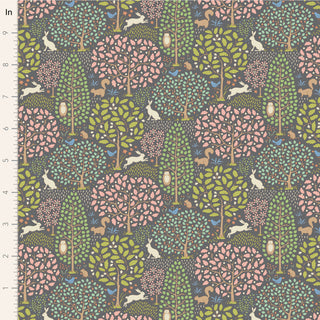 Tilda Sanctuary GREYGREEN TIL100577 by Fabric by Tilda is a premium cotton fabric with colorful trees, rabbits, squirrels, and birds on a dark background—ideal for quilting. Ruler on the left measures in inches.