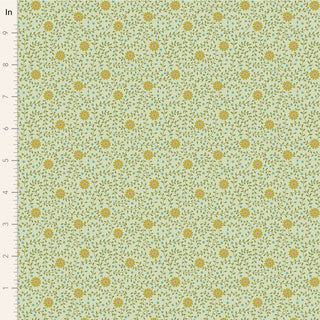 Tilda Sanctuary DAISYDREAM PISTACHIO TIL100578 by Fabric by Tilda features small yellow flowers with green leaves on a light green background, shown beside an inch ruler. Premium cotton fabric sold by the yard.