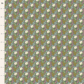 The Tilda Sanctuary COTTONFIELD GRAYGREEN TIL100579 Fabric by Tilda features a repeating floral pattern with small green, blue, and pink flowers on beige cotton. Shown next to a ruler for scale in inches, it's ideal for Tone Finnanger-inspired sewing projects.
