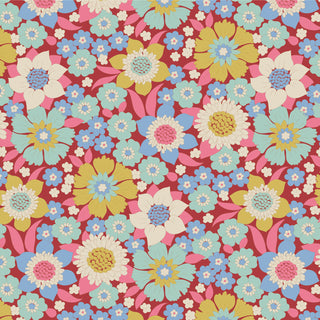 Tilda Wallflower Lauren Burgundy TIL100602 Fabric by Tilda features a seamless pattern of yellow, white, blue, and pink flowers on a red background—ideal for floral prints.
