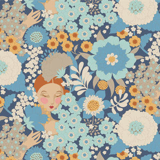 Seamless floral pattern of a woman's face with large blue, white, and orange flowers and leaves on dark blue, inspired by Fabric by Tilda’s Tilda Wallflower Blue TIL100607 Fabric Yardage.