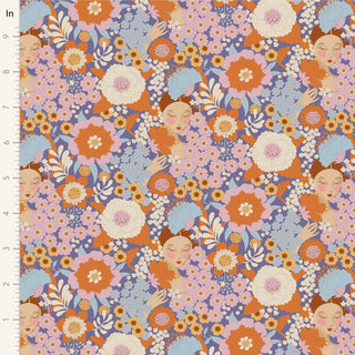 Tilda Wallflower Thristle TIL100608 by Fabric by Tilda features illustrated female faces with colorful florals and leaves on 100% cotton, shown with an inch ruler for scale—ideal for Tilda Fabrics fans.