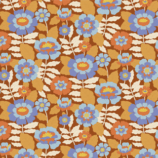 Inspired by Tilda Wallflower Beverly from 15-Brewer, this seamless floral pattern features blue and orange flowers with yellow centers and beige leaves on a brown background—ideal for fabric projects, sold by the yard.