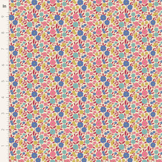 Tilda Wallflower Janice Red TIL100614 by Fabric by Tilda features a repeating floral design with pink, blue, and yellow flowers plus green leaves on a light background. Made from 100% cotton with inch measurements shown on the side.