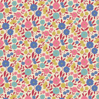 Tilda Wallflower Janice Red TIL100614 Fabric by Tilda features a seamless floral pattern with blue, pink, and yellow flowers, red leaves on a beige background—ideal for 100% cotton projects.