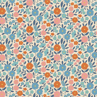 Tilda Wallflower Janice Blue TIL100615 Fabric by Tilda features a seamless floral pattern with orange, pink, and blue flowers plus green leaves on a light 100% cotton background, perfect for charming projects.