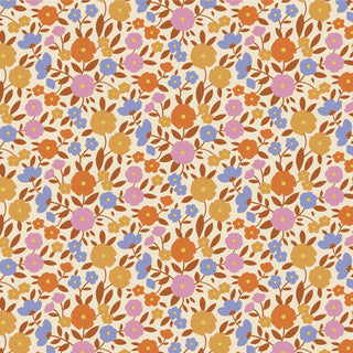 Tilda Wallflower Janice Caramel TIL100616 Fabric by Tilda features a seamless floral pattern with orange, yellow, pink, and blue flowers on a tan background—ideal for quilting and vibrant designs inspired by Tilda Fabrics.